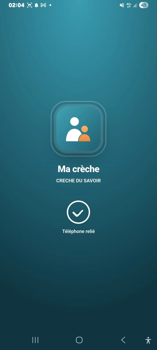 Capture de l'écran de démarrage de l'application : Ma crèche, CRECHE DU SAVOIR, Téléphone relié.